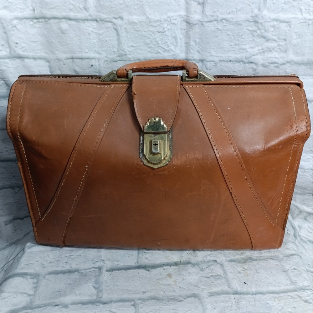 Vintage Leather Gladstone Doctors Bag Brass Frame Jaw Lock Physician Satchel 18"
